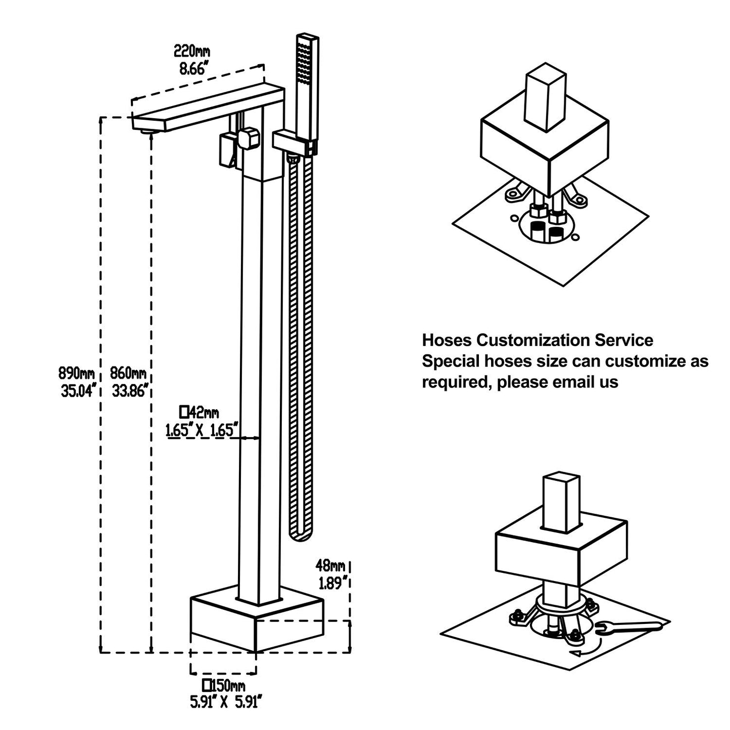 RITZYA Square Free Standing Floor Mounted Basin Mixer Tap with Hand Shower