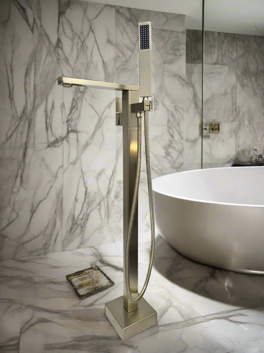 RITZYA Square Free Standing Floor Mounted Basin Mixer Tap with Hand Shower