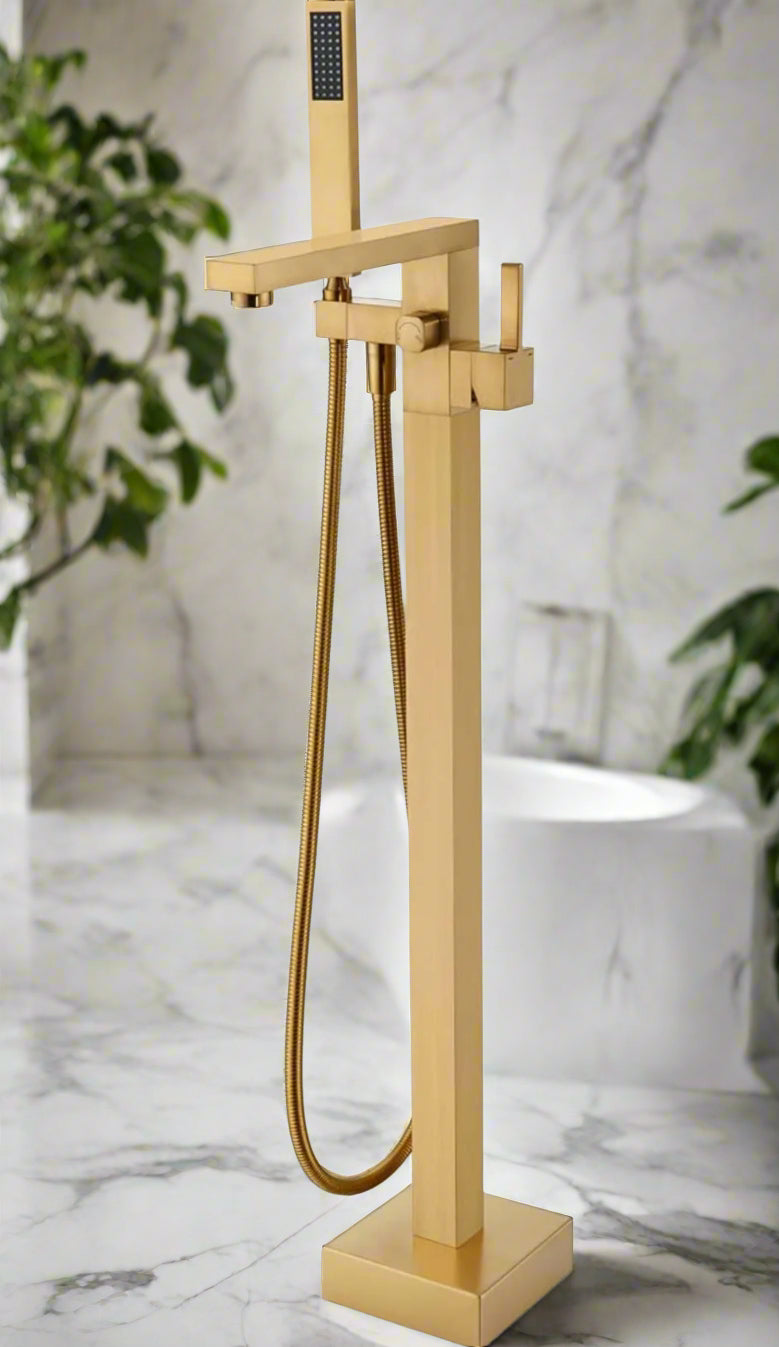 RITZYA Square Free Standing Floor Mounted Basin Mixer Tap with Hand Shower
